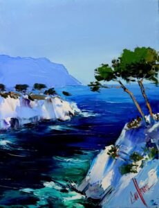 Exemple de peinture à l'huile au couteau Stage huile au couteau 10 juillet à Blagnac, plongée dans la couleur et la matière, paysage de calanques !
